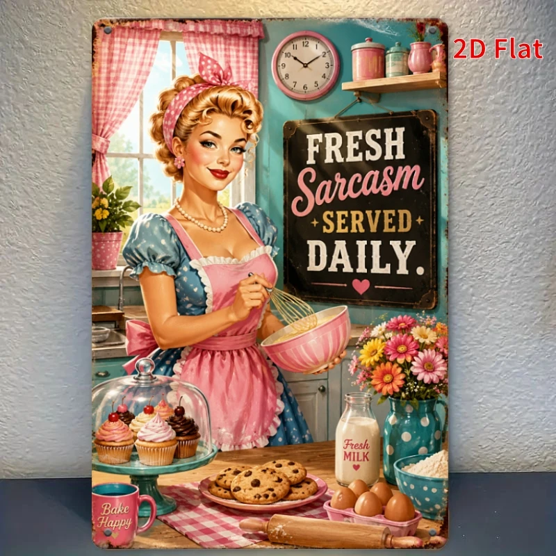 2D Flat - [2Dflat], 1pc 11.81X7.87inch- Retro Kitchen Sarcasm Tin Sign, Fresh Sarcasm Served Daily Metal Plaque, for Kitchen Caf