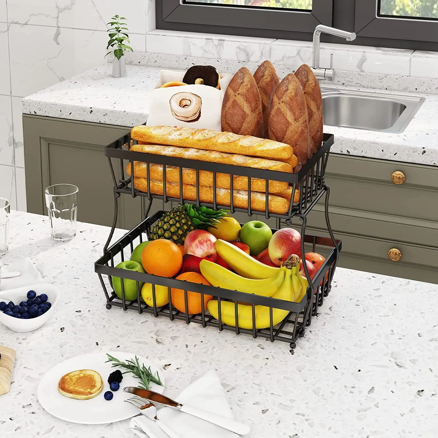 

Double Layer Buckle Fruit Basket, Kitchen Bar Counter, Fruit Plate, Snack Platelight Luxury Creative Multi-layer Storage Basket