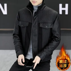 Winter Knitted Splicing Leather Jacket Men Thickened Velvet Motorcycle Bike Jacket Standing Collar Casual Business Coats M-4XL
