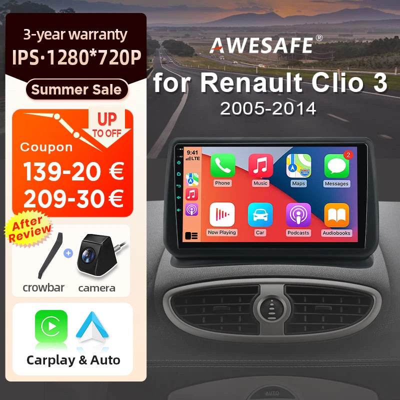 Autoradio Android AWESAFE 9 pouces pour Renault Clio 3 Clio III 2005-2014, CarPlay et Android Auto sans fil, navigation GPS, support multimédia, commande au volant, amplificateur de subwoofer, caméra