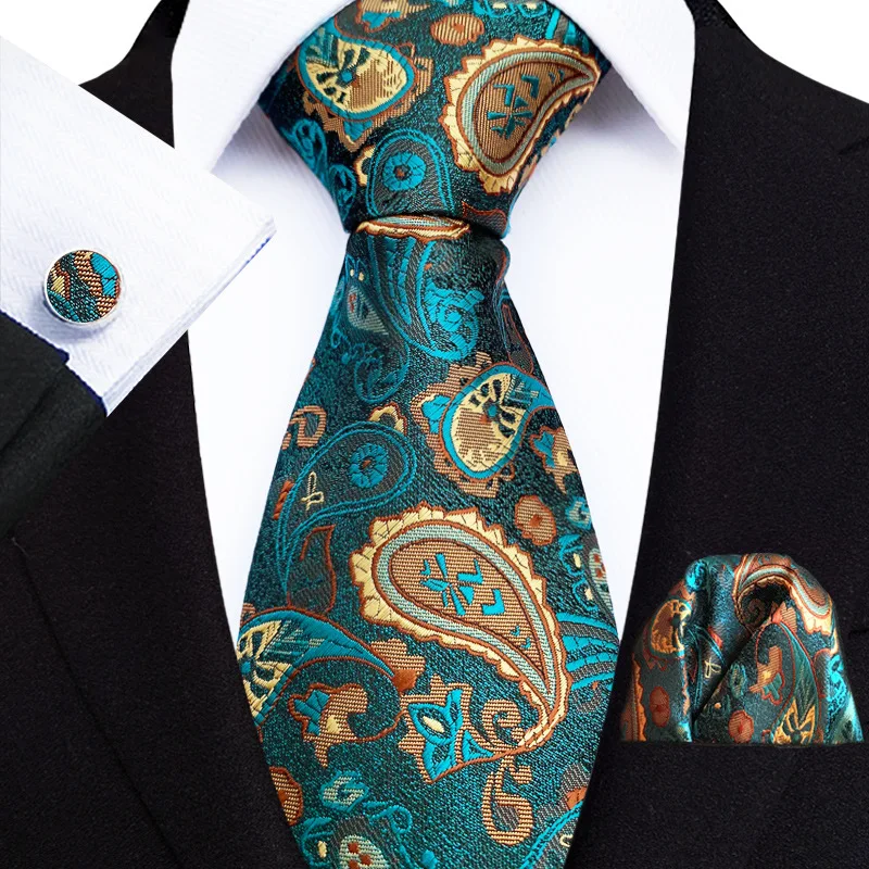 

Men Gift 8cm Men's Silk Polyester Ties Pocket Square Cufflinks Green Gold Paisley Wedding Party Accessories Necktie