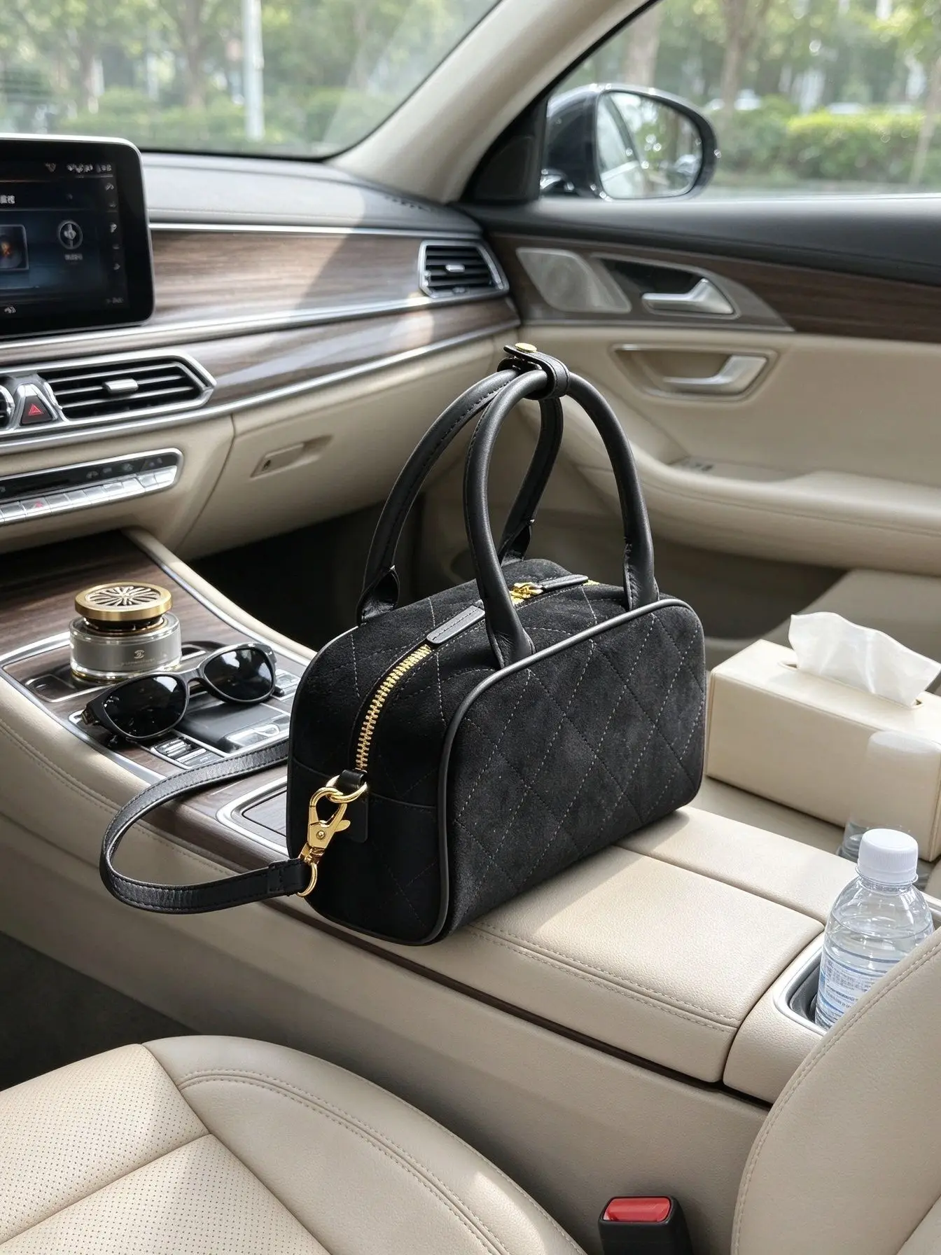 Elegant Black Suede Boston Handbag For Women Classic Quilted Design Mini Top Handle Crossbody Bag