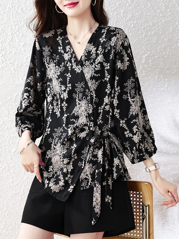 

Fashionable Slimming Waist Shirt for Women plus Size Elegant Summer New Style Chinoiserie Shirt V-neck Seven-sleeve Printed