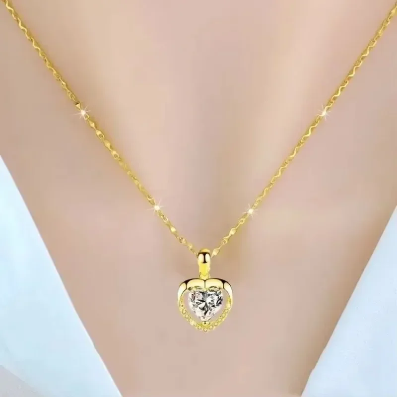 GoldEclat  Women Light Luxury 9999 24K Real Gold Moissanite Clavicle Chain Only Love Necklace Pendant Smart Love Necklacegift