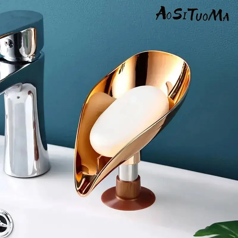 Italian Electroplated Gold Leaf Shaped Soap Dish Bathroom Toilet Perforation-free Drain Soap Rack Soap Box