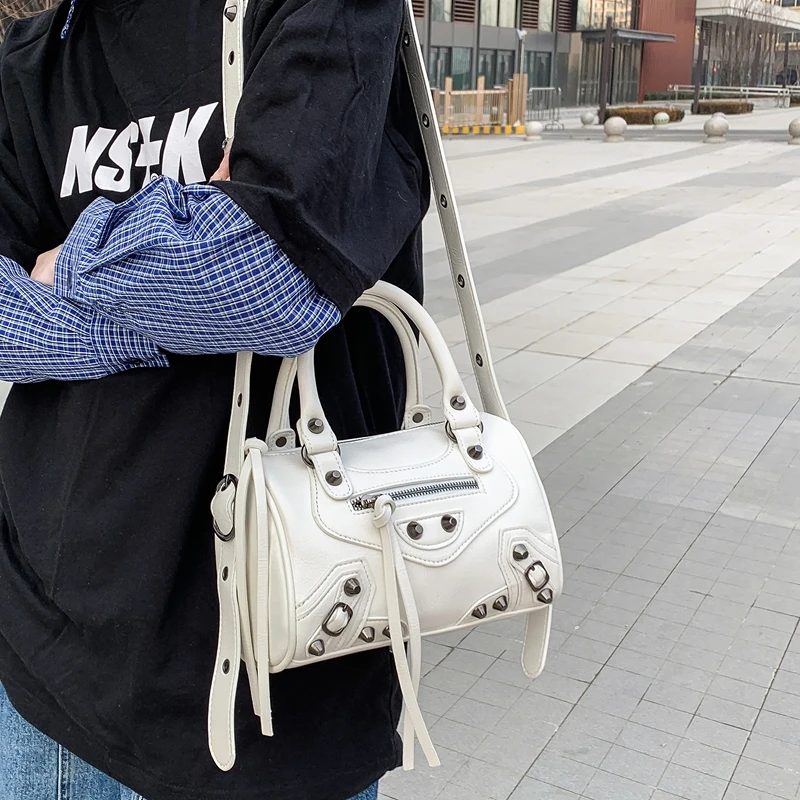 ​​2026 Edgy Studded Motorcycle Bag Punk Rock Style Womens Top Handle Crossbody Purse Alternative Grunge Chic Shoulder Bag​