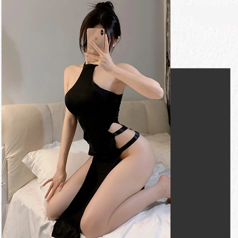 فستان نسائي قصير مثير ضيق ، لون سادة ، بلوفر ، بلا أكمام ، مجوف ، شق ، الأوروبي والأمريكية ، زي #6