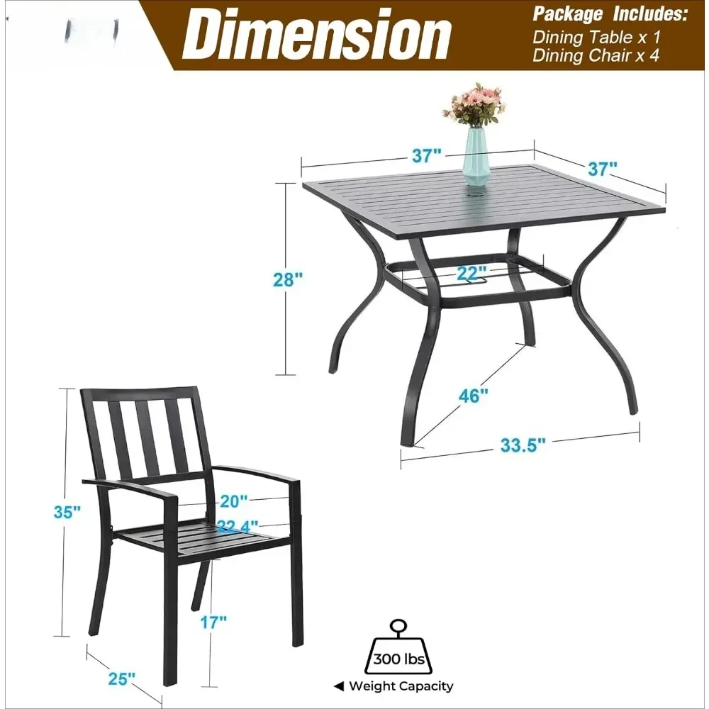 5 Piece Outdoor Dining Table Set ,37” Square Metal Dining Table with Umbrella Hole& Stackable Steel Chairs,Garden Furniture Sets