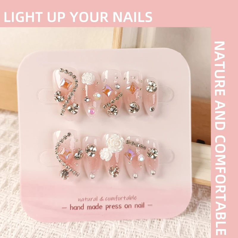 

White Camellia Handmade Press on Nails Wearing Armor Pink Gradient Diamond Pearl Girl Nail Art