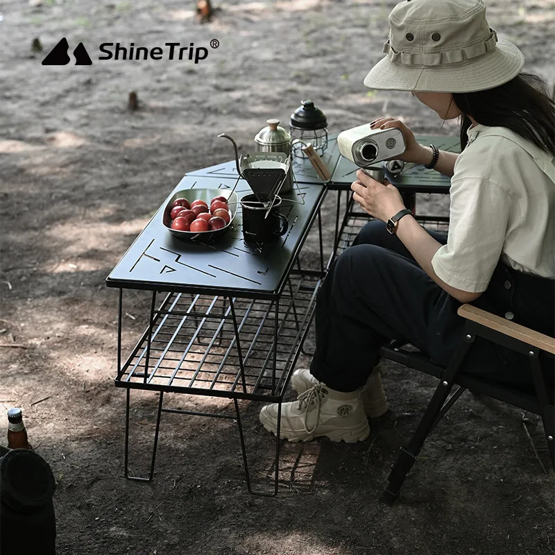 ShineTrip Camping Blackened Chess Cloth Iron Mesh Table Iron Fence Combination BBQ Table Portable Folding