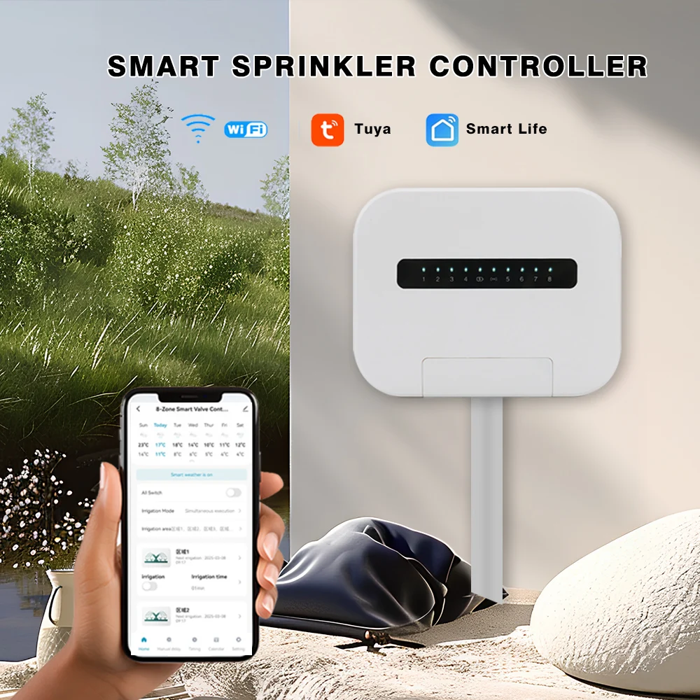 6 or 8 Station WiFi Smart Sprinkler Controller AC24V Solenoid Valve Irrigation System Remote Control by Phone Works with Tuya