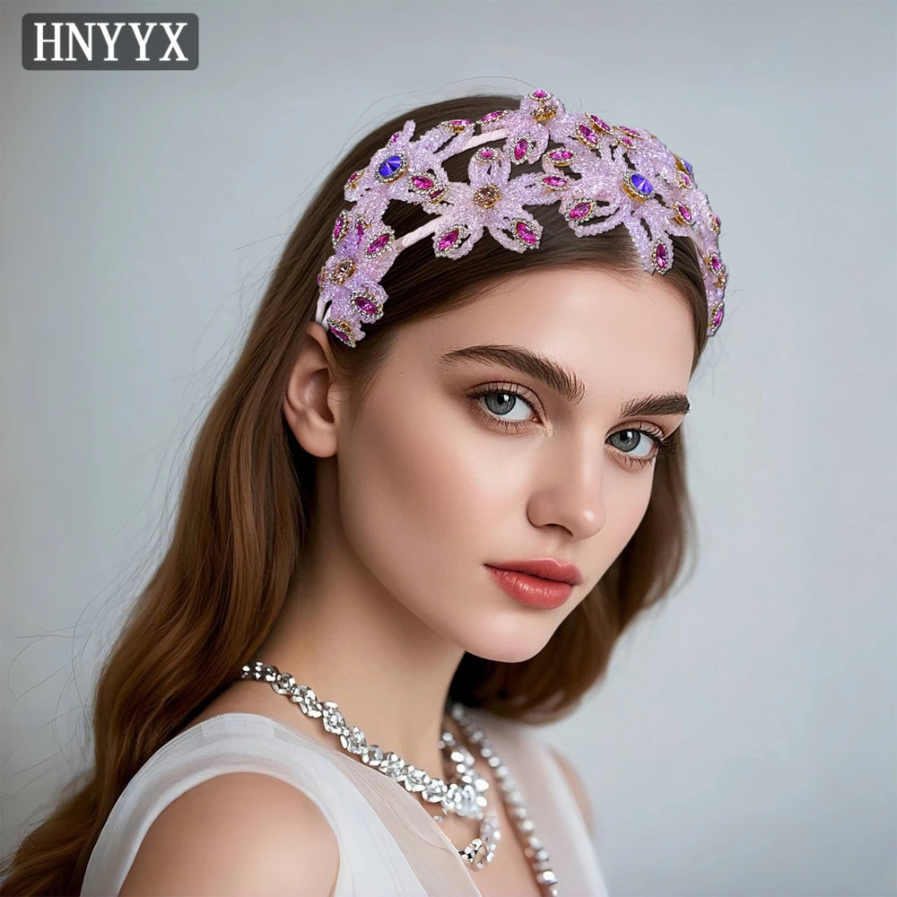 

HNYYX Baroque Pink Color Crystal Flower Bridal Wide Head Hoop Women Fashion Rhinestone Wedding Headband Hair Accessories A166