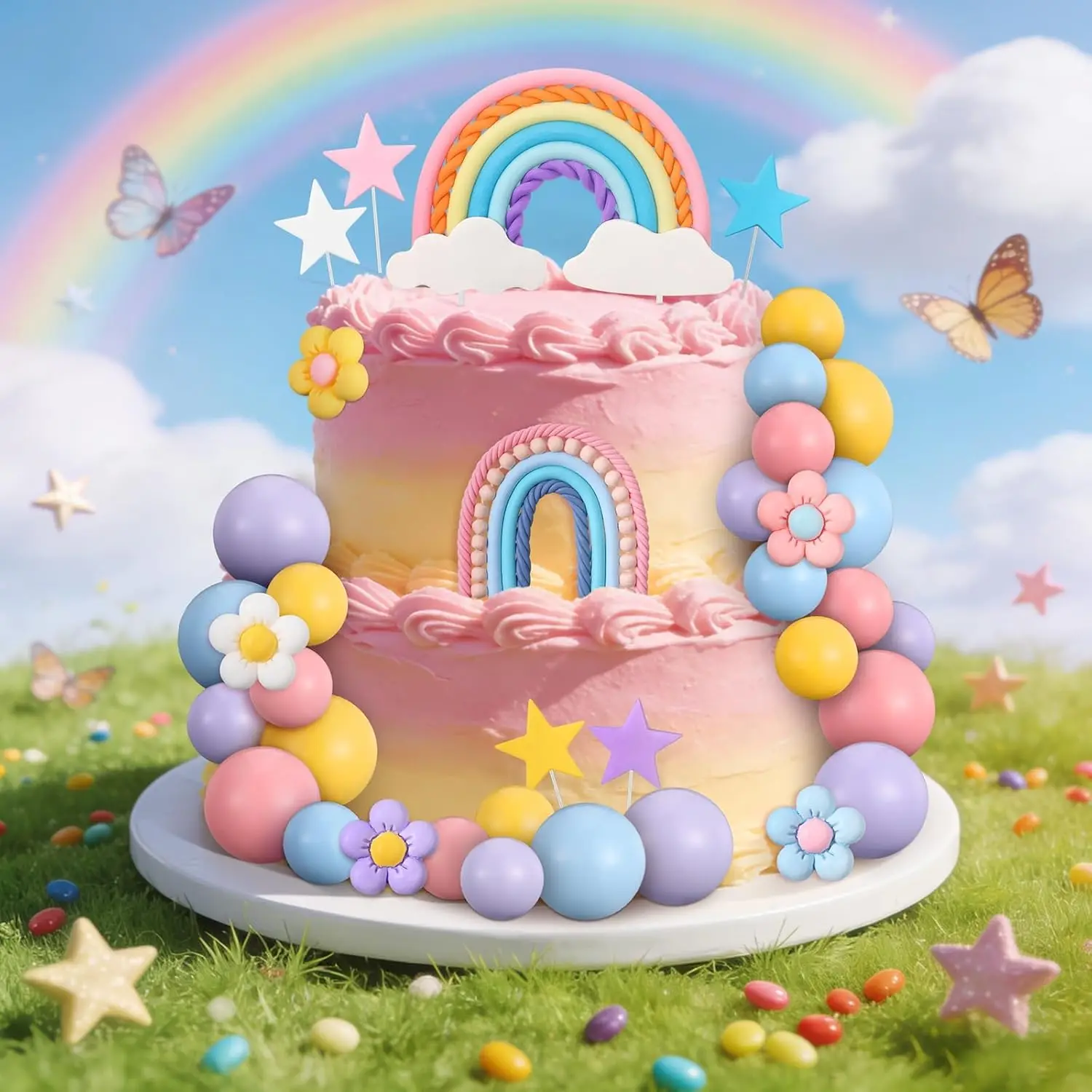 32-teiliges Regenbogen-Kuchenaufsatz-Set mit Blumen- und Sternmotiven, Boho-Groovy Kuchendekoration für Geburtstag und Hochzeit – Detail 4