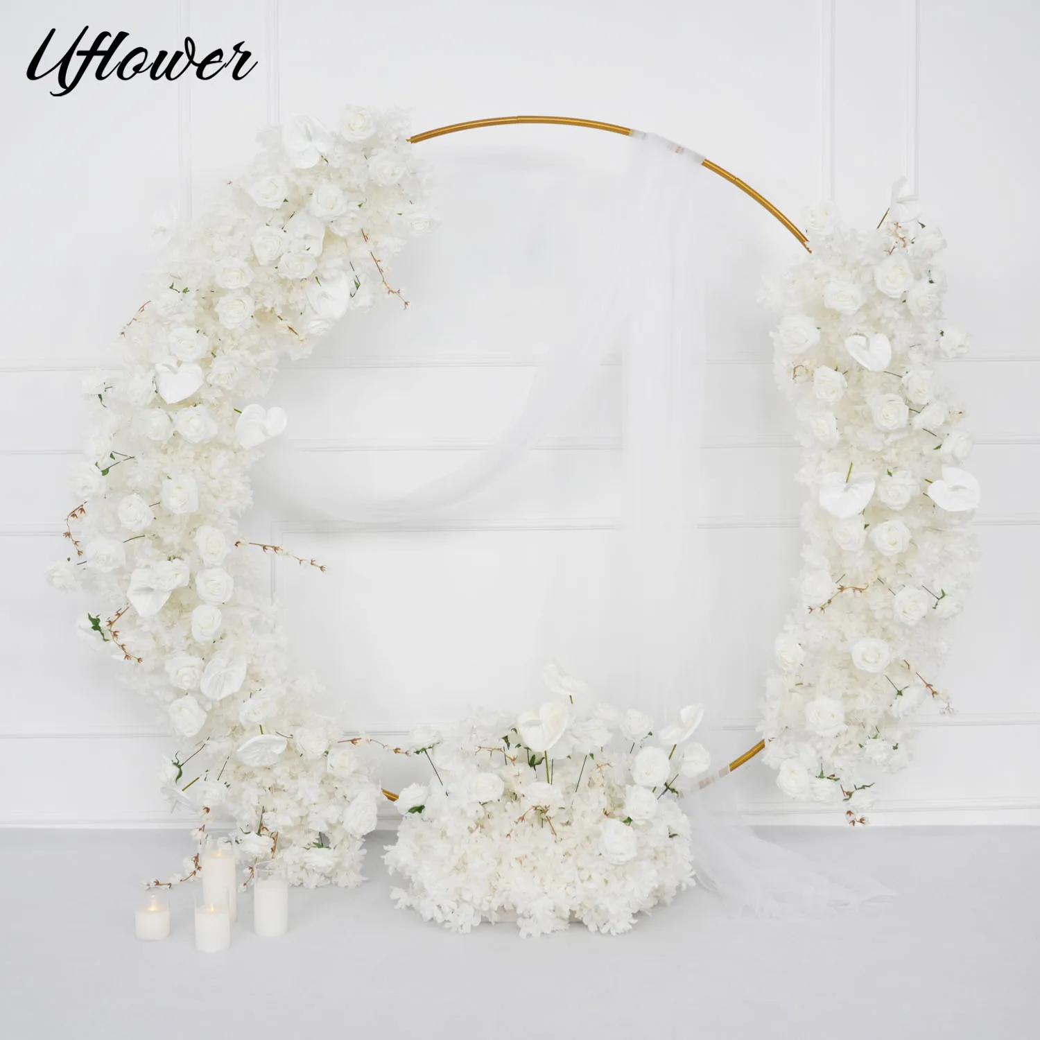 Uflower Luxury White Rose Cherry Blossom Artificial Flower Row Wedding Arch Hang Floral Arrangements Party Window Backdrop Decor