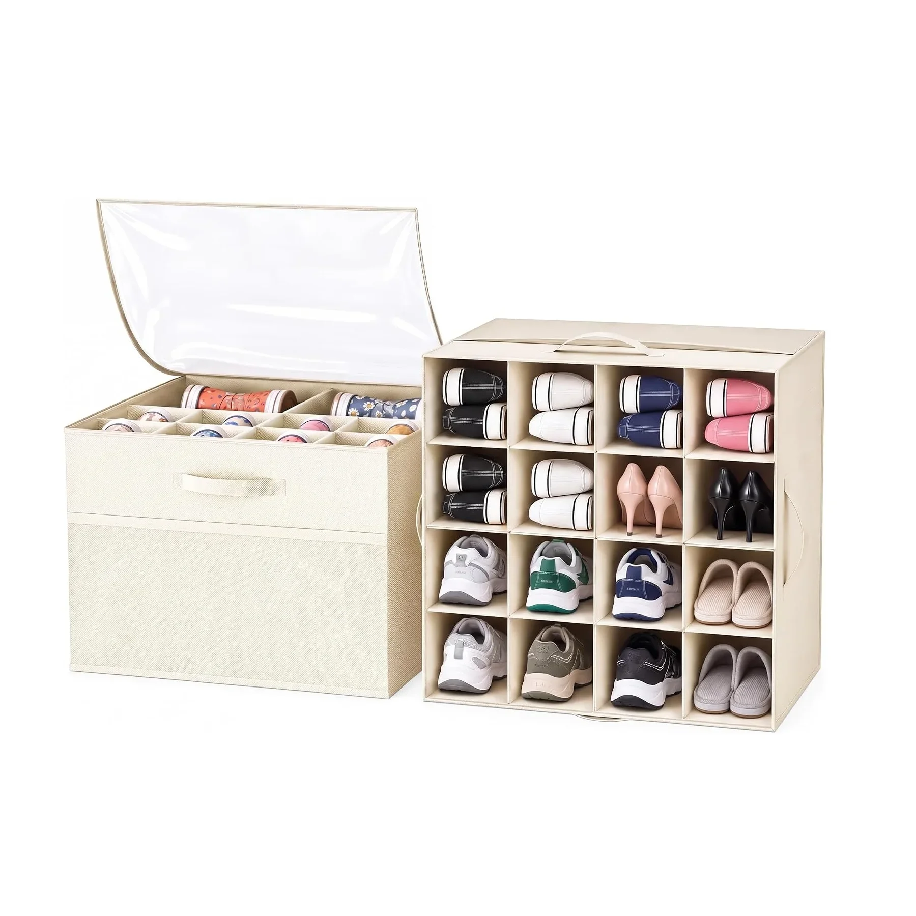 Shoe Organizer for Closet Foldable Shoe Storage Box with Adjustable Dividers and Clear Cover, Fits Up To 16-32 Pairs Shoes Box