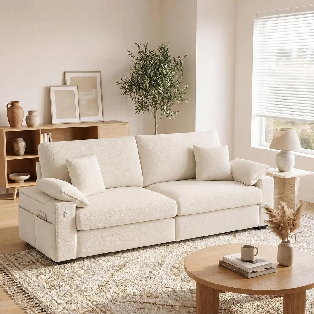 

Large Sofa with Armrest Storage, USB & Type-C Charging, Washable Cover, Wooden Legs, Suitable for Living Room or Office, Beige