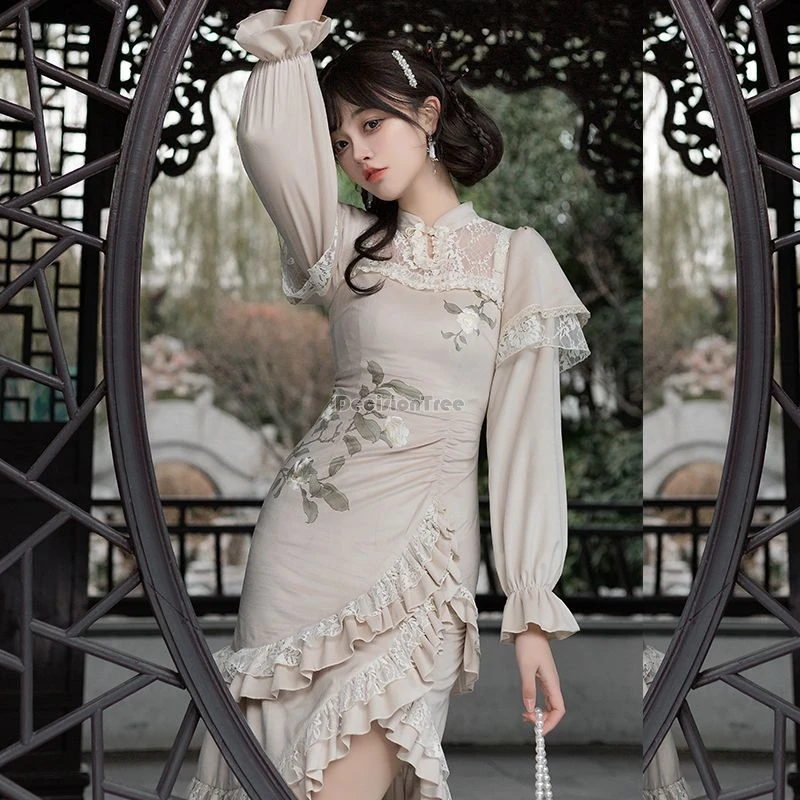 2024 elegant chinese embroidered printed velvet lolita dress chinese style fishtail skirt improved cheongsam daily lo dress w346