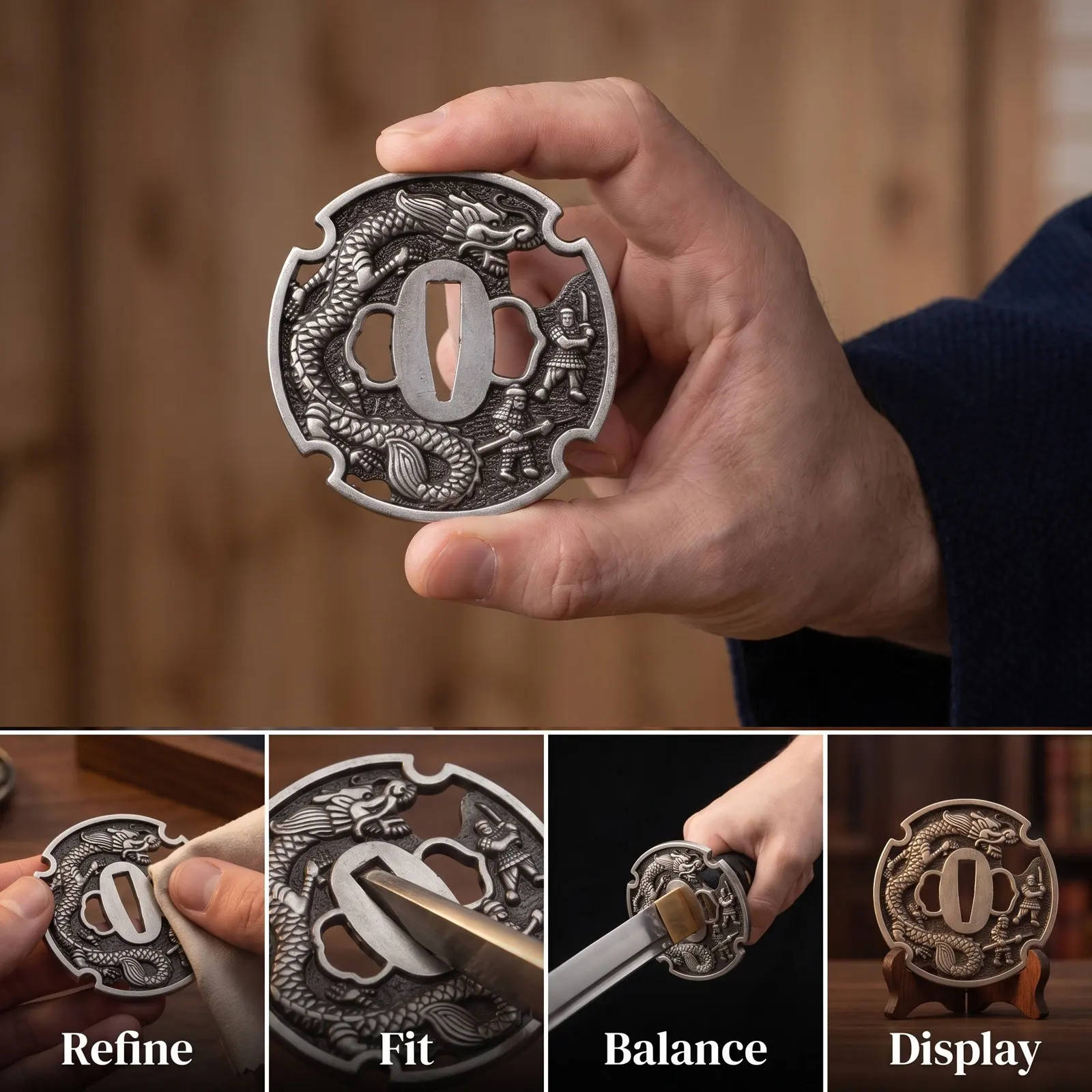 Japanese Tsuba Replacement Metal Handguard 2.6x0.7cm Samurai Guard Engraved Dragon Functional Martial Arts