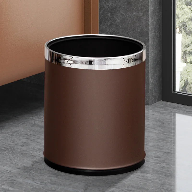 10L Stainless steel light luxury open top brown trash bin ,double layers metal  garbage bin for bedroom,office,hotel