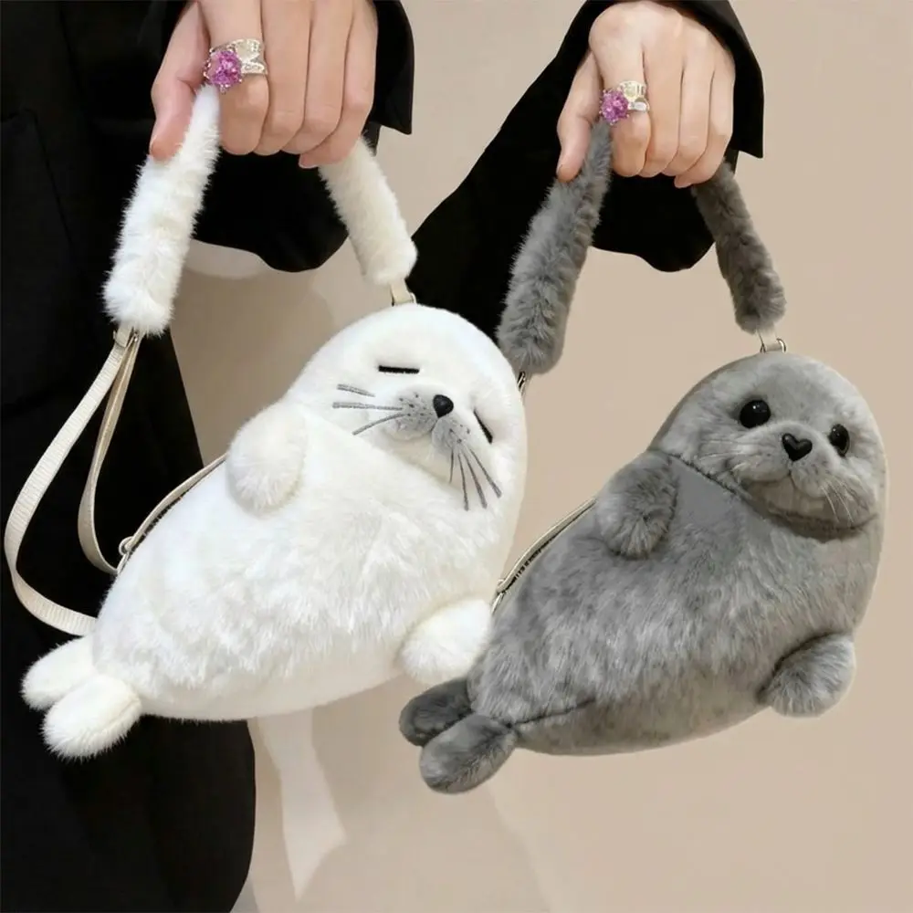 Soft Fluffy Cute Seal Shoulder Bag Lightweight Cartoon Crossbody Bag Adjustable Straps Plush Fabric Handbag Women's Accessories