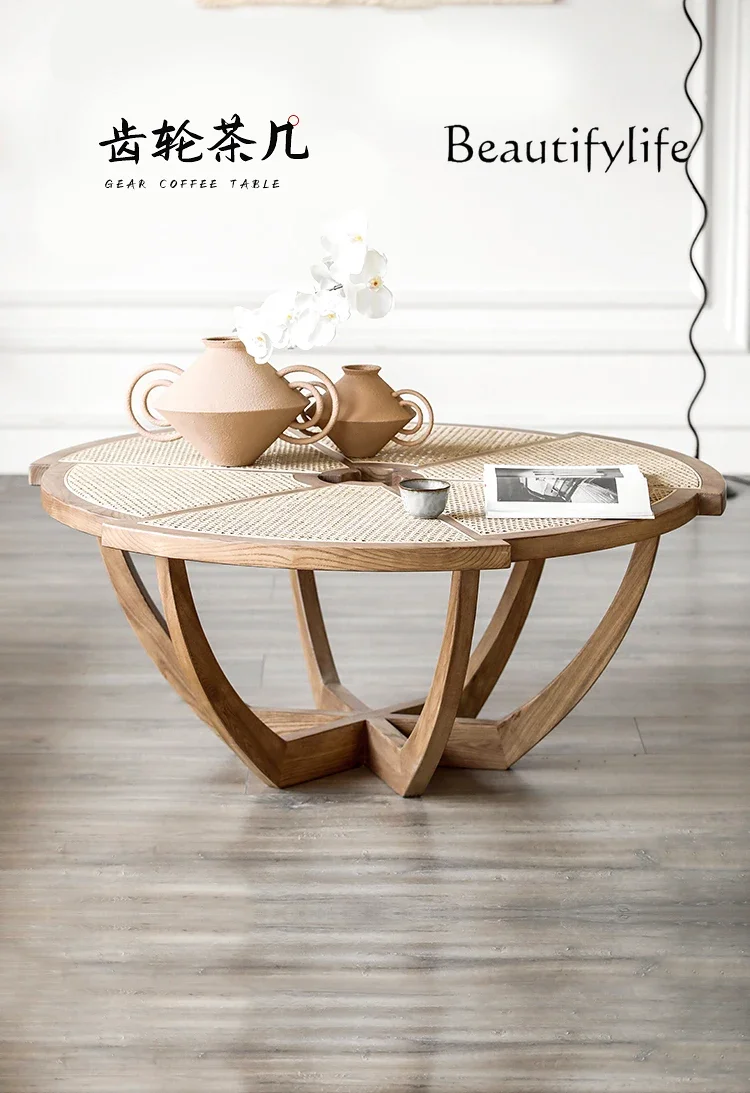 Sili Style Solid Wood Rattan Tea Table Living Room Home Creative round Table Log Polygon Short Tea Table