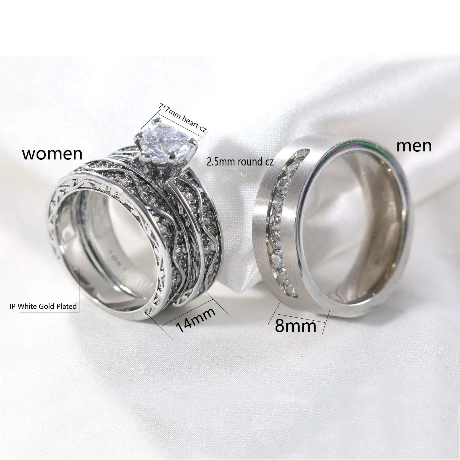 أزياء زوجين خواتم الرجال تشيكوسلوفاكيا الفولاذ المقاوم للصدأ خاتم النساء القلب قطع كريستال الراين خواتم مجموعة مجوهرات الزفاف الخطوبة