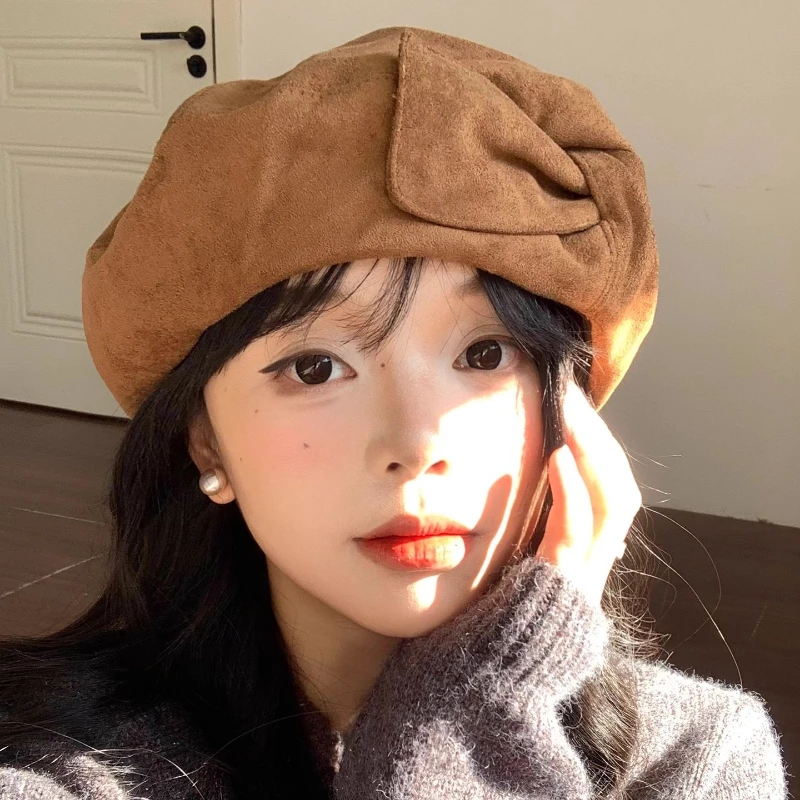 

Французские элегантные замшевые береты с бантом для женщин, осенние и зимние путешествия, фото, атмосфера, универсальные шляпы художника в стиле ретро