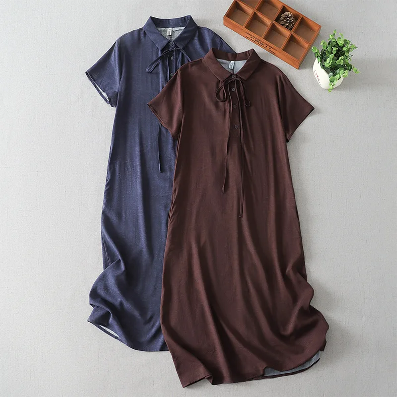 Women Dresses Solid Dress Button Lace Up Turn Down Collar Short Sleeve Ankle Lenth Slight Strech Casual Loose Office 2026 Summer