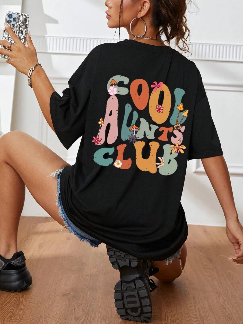 

Cool Aunts Club Letter Prints T-Shirts For Women Casual Cotton Tops Fashion Street Short Sleeve Tee Comfortable Loose Clothes