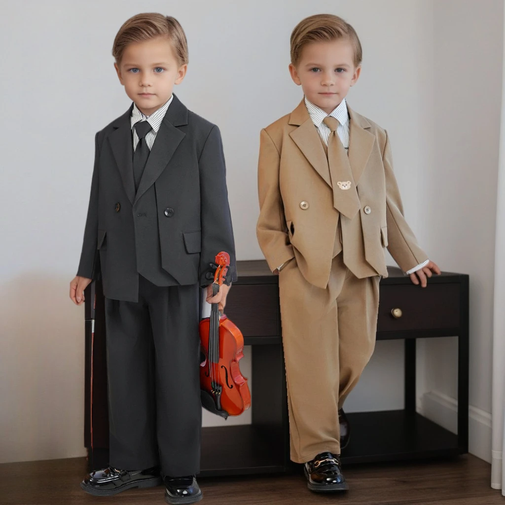 Boys Birthday Suit Set Khaki Elegant Kids Piano Recital Performance Costume Formal Flower Boy Wedding Outfits Child Party Tuxedo