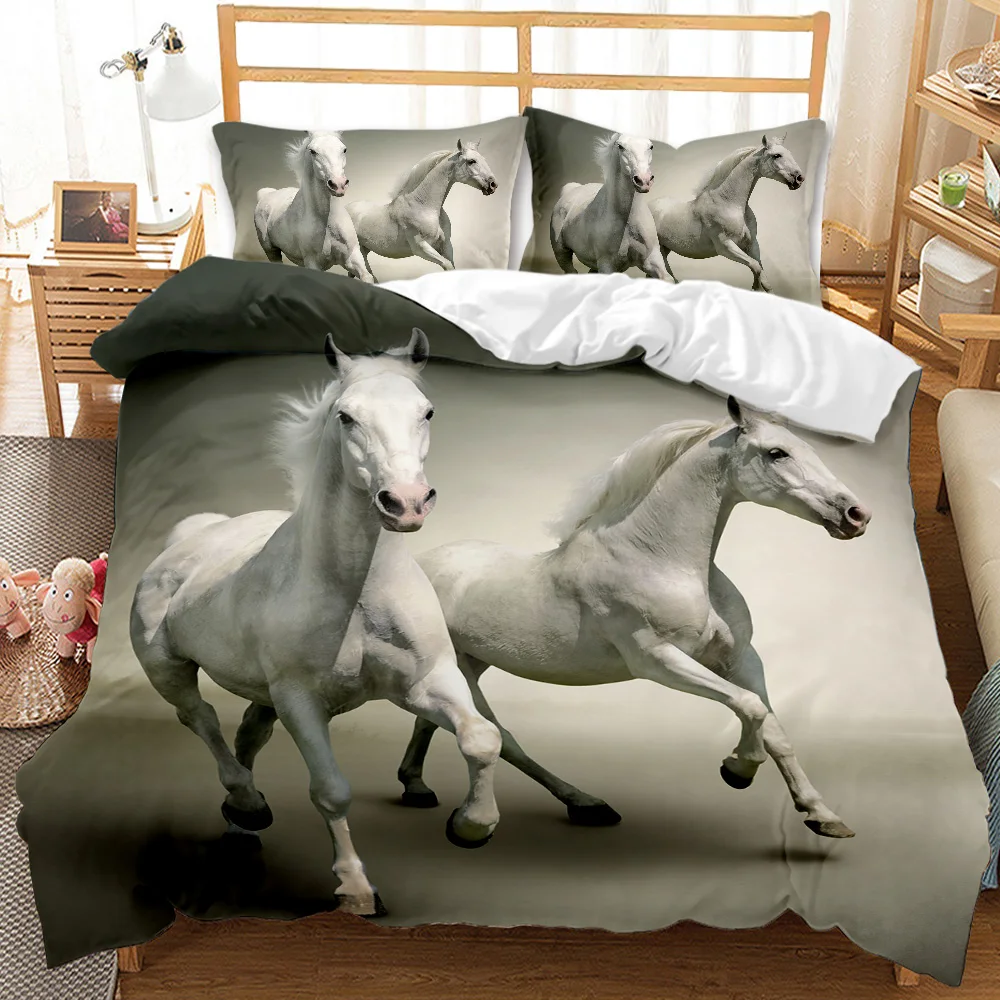 Horse Bedding Set Queen Size,Pony Decorative 2/3pcs Bedding Set Horse Freedom Runs Gallop Farm Print Soft Polyester Duvet Cover