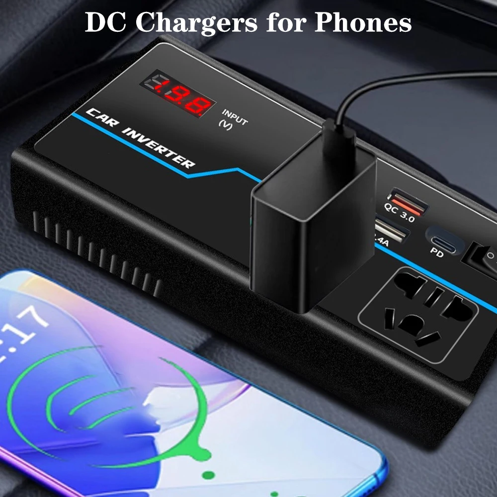

8 Ports Sockets 200W Car Inverter Overload Protection Power Adapter USB/PD/Type-C Chargers DC 12V/24V to AC 110V/220V Converter