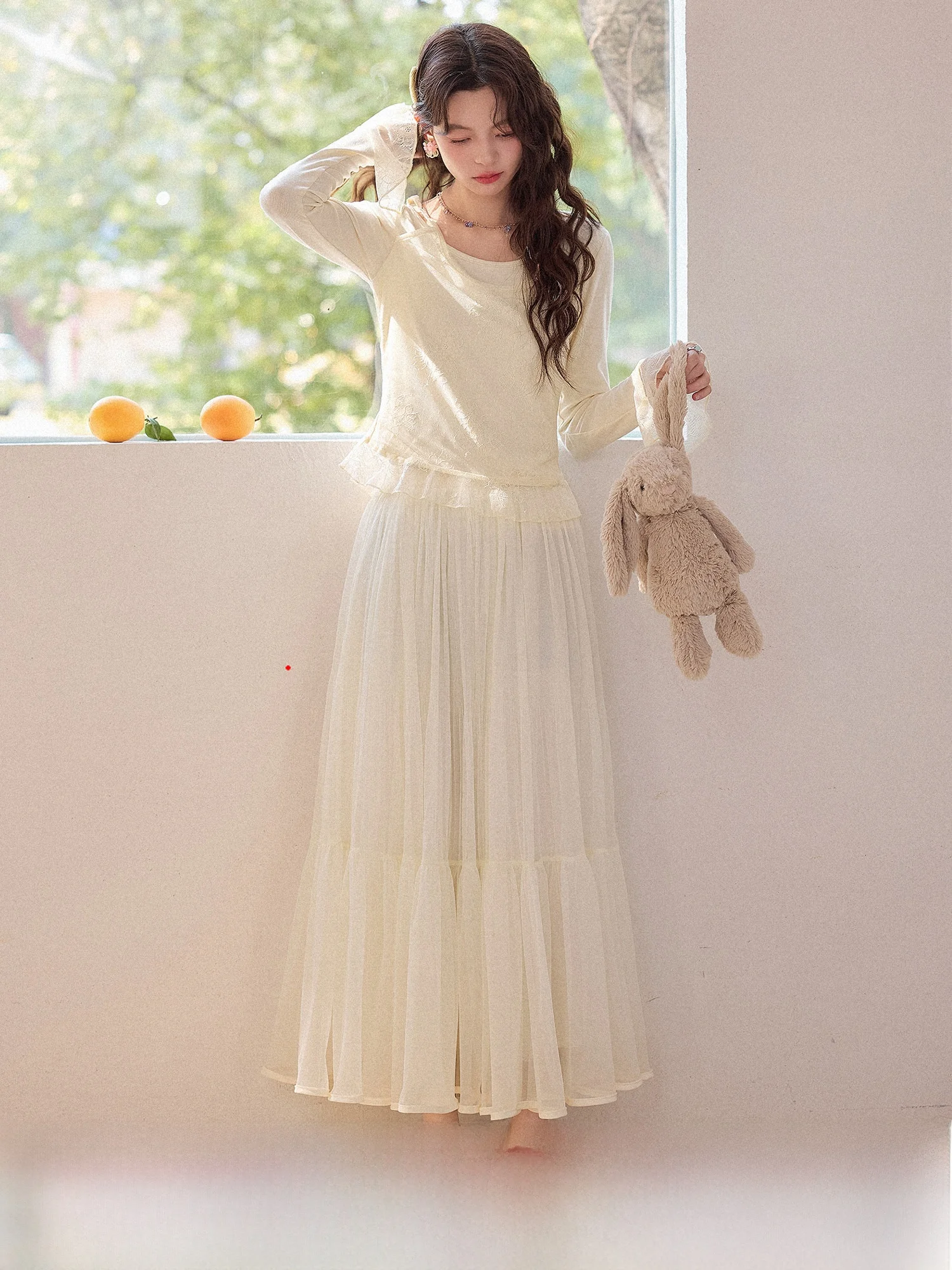 

Мягкая юбка-трапеция цвета абрикос с кружевной отделкой и высокой талией, новая весенняя коллекция, модель Fairy Aosphere Me