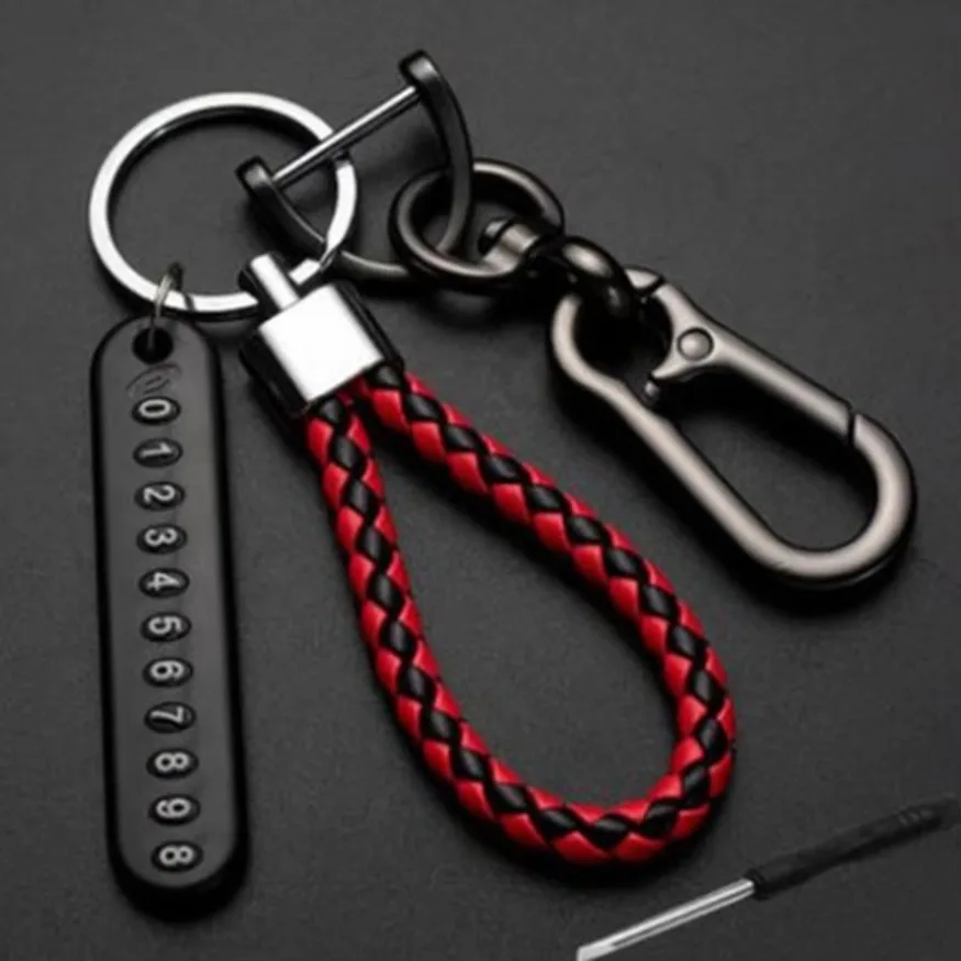 Anti-lost Car Keychain Phone Number Card Leather Bradied Phone Number Plate Key Ring Auto Vehicle Key Chain Accessories 1x