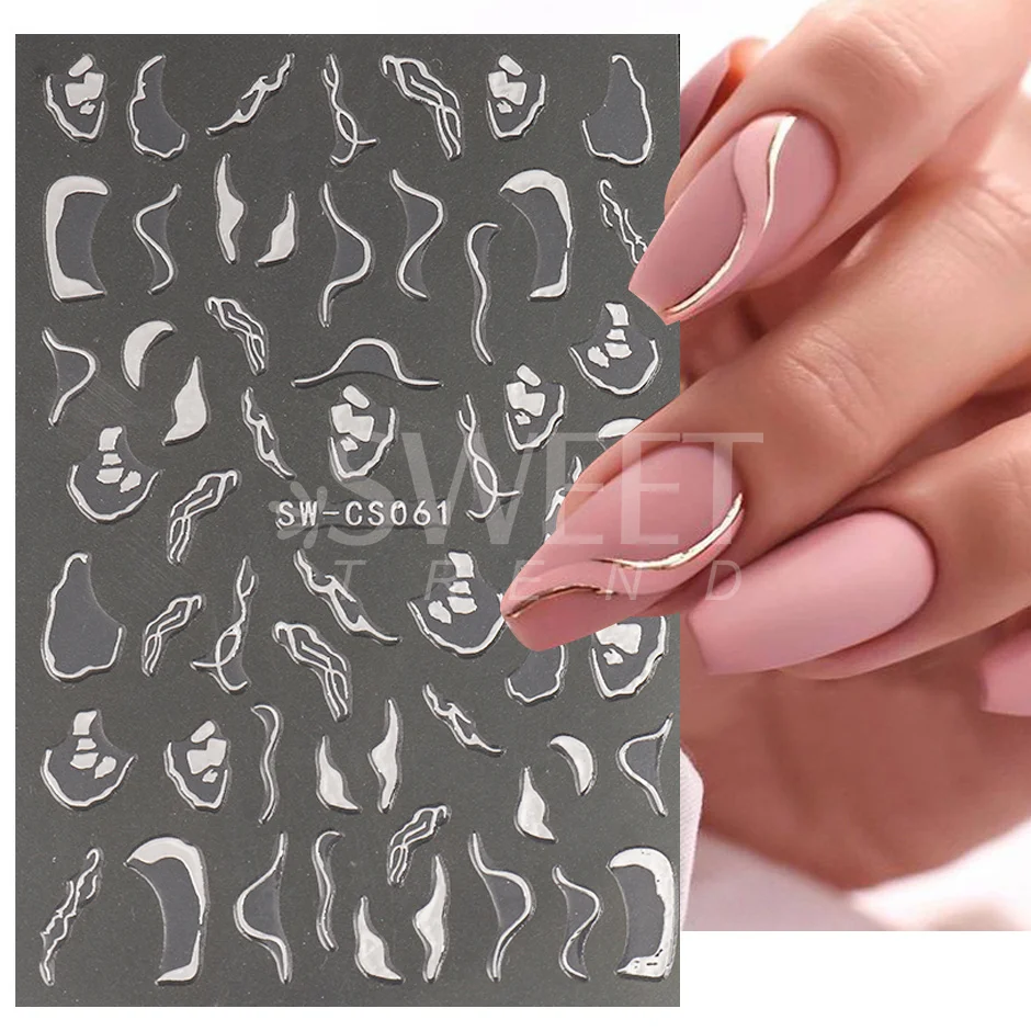 3D Black Graffiti Print Nail Stickers Modern Abstract Nails Slider Simple Lines Swirl Design Gold Silver Manicure Decals SASW-CS