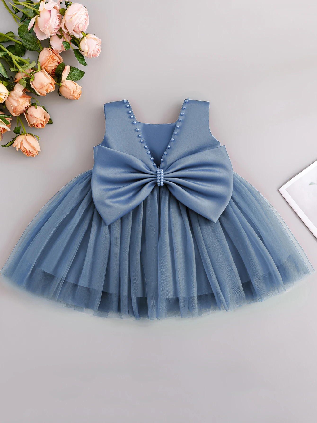 

Sleeveless Baby Girl Dress Gray Blue Big Bow Decoration Mesh Dress Birthday Party Baby's Dress