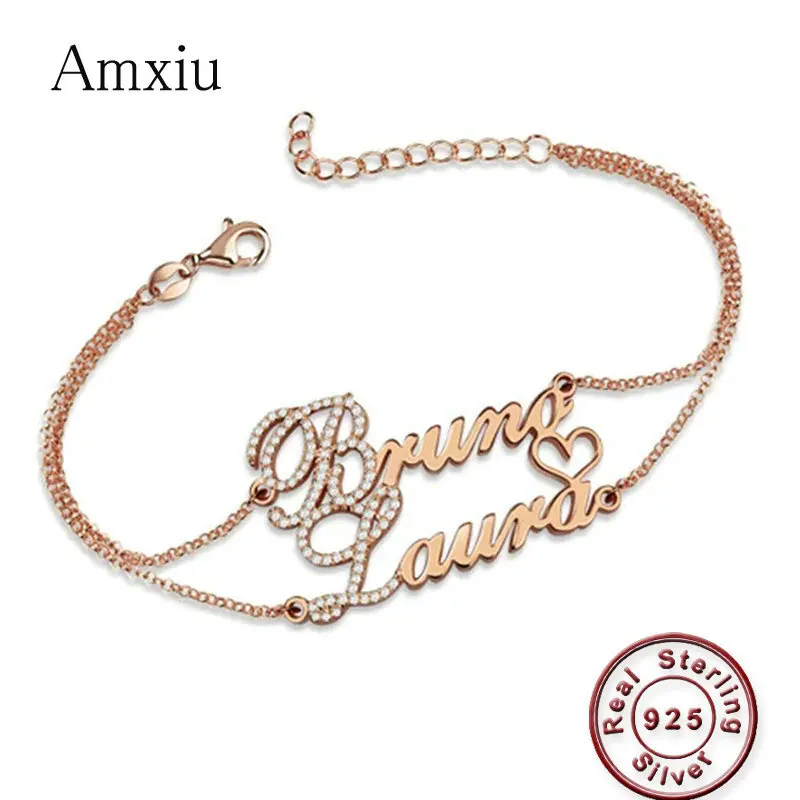 

Amxiu Custom Two Names Bracelets 925 Sterling Silver Bracelet Personalized Double Chains Bracelets Zircon Jewelry for Women Gift