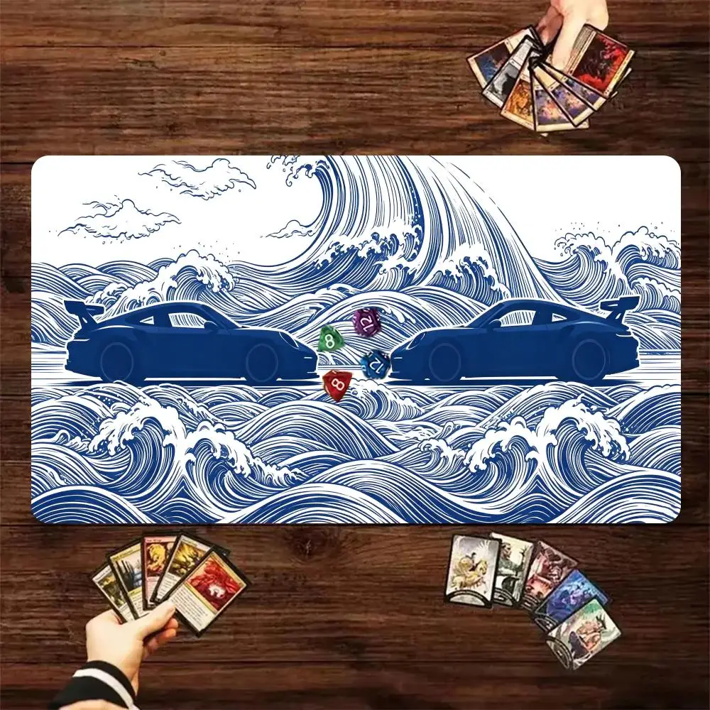 Ukiyo‑e Great Wave Dual Racing Car Silhouette Playmat Rubber Non‑Slip TCG Card Game Mat Desk Mouse Pad