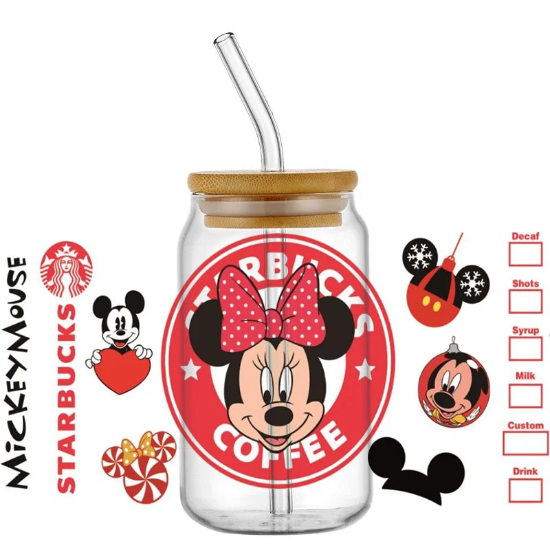 Miniso 3D UV DTF Transfers Sticker Mickey and Minnie Decal Cup Wrap for 16oz Libbey Glasses DIY Washable Mug Sticker