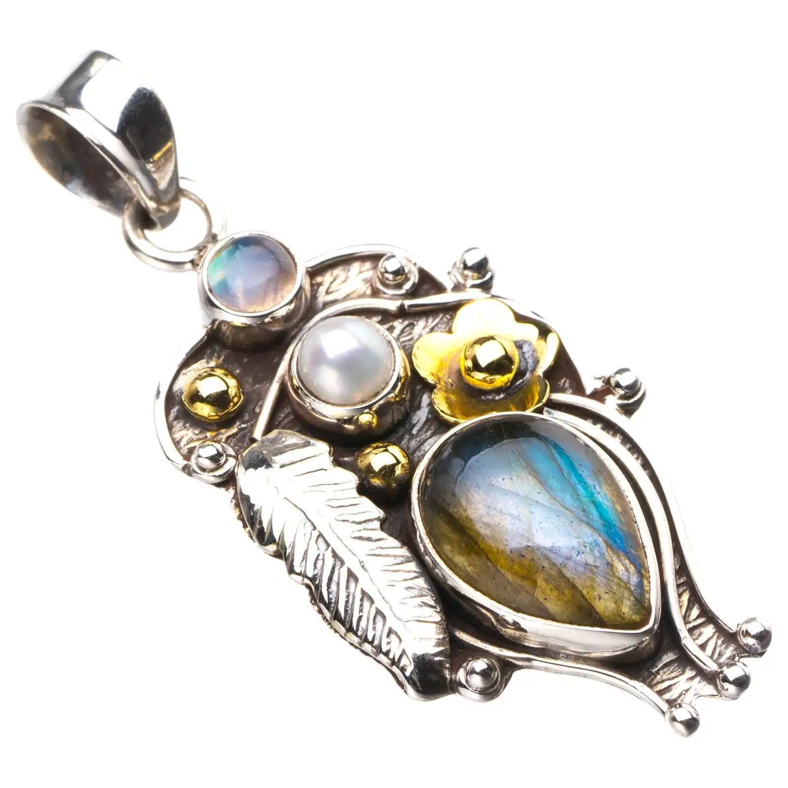 

StarGems Natural Labradorite,moonstone And River Pearl Feather Flower Handmade 925 Sterling Silver Pendant 2" D9891