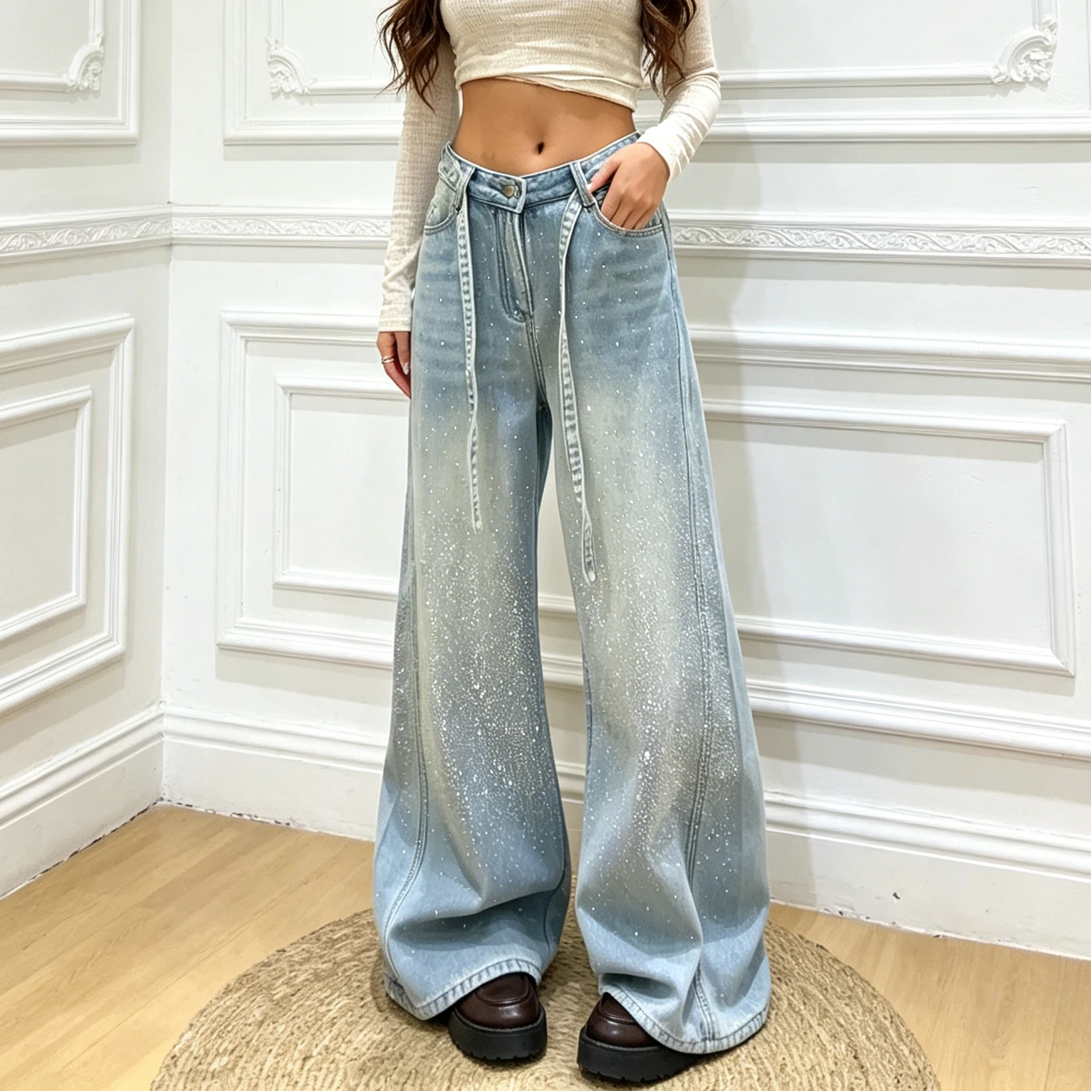 Denim Pant Women Jeans Vintage Floor Length Pants High Waist Straight Trousers Y2k Streetwear Elegant Work Hot Drilling 2026