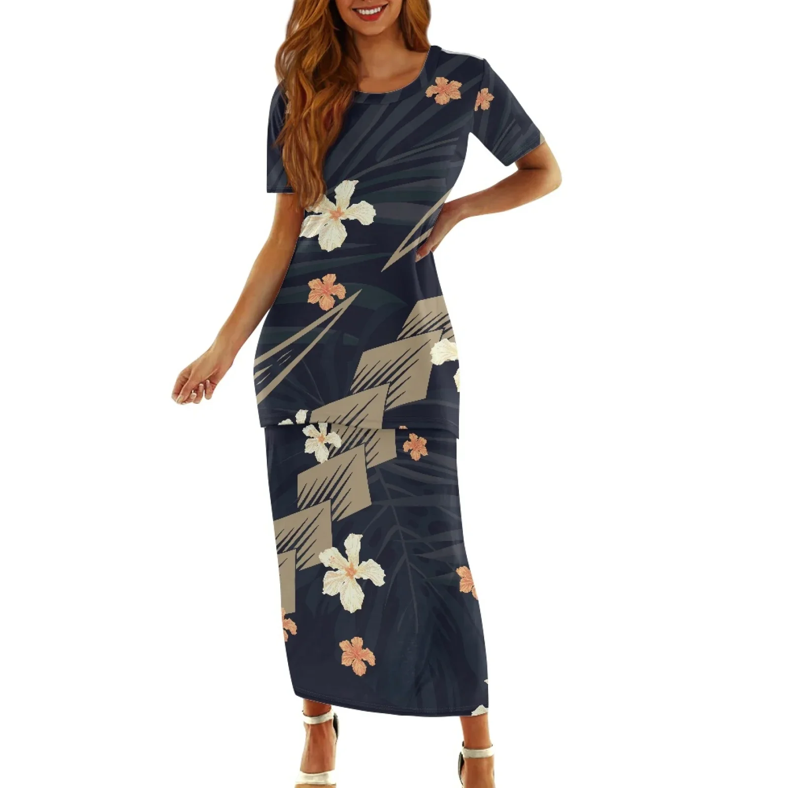 Polynesian Tribal Samoan Totem Tattoo Prints Round Neck, Sexy Close-Fitting Pool Party Dresses, Hibiscus Print,2 Pieces Set