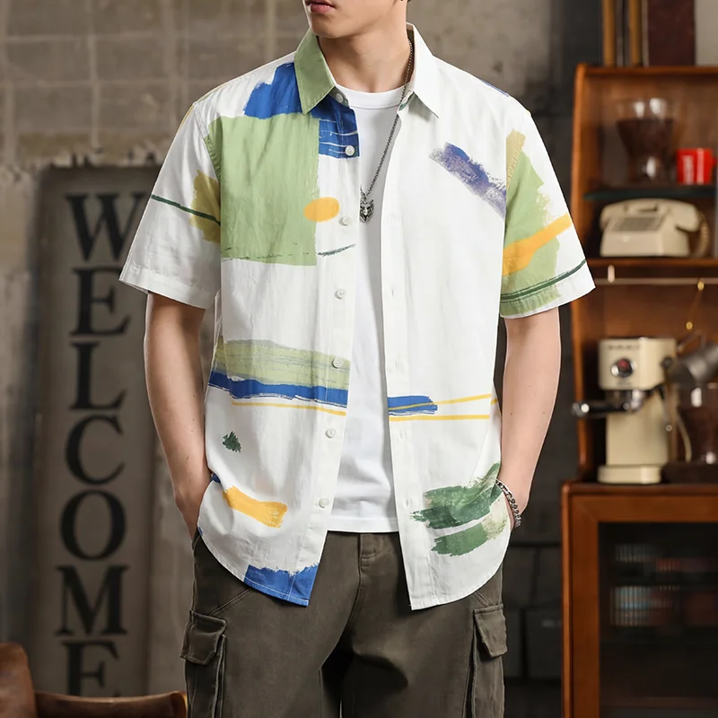 

Spring Summer Streetwear Fashion Print Shirt Men Loose Casual Long Sleeve Pure Cotton Shirts Cityboy Blouses Tops