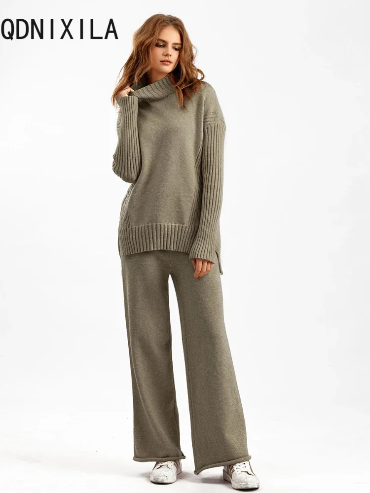 

2 Piece Sets Womens Outfits Sweater Autumn Winter New Fashion Long Sleeve Top Pullover Suits Dropped Knitted Wide Leg Pant Sets