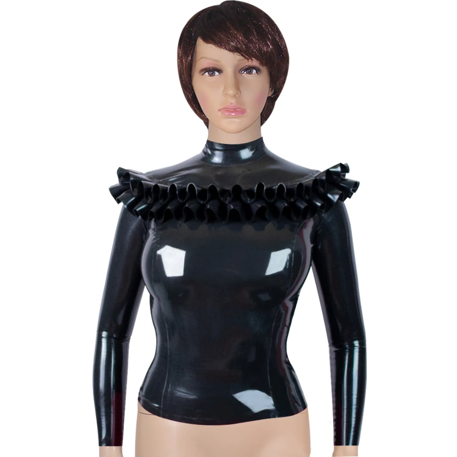 Black Sexy Latex Blouse With Zipper At Back Two Layers Of Ruffles Long Sleeves High Collar Rubber Shirts Top YF-0358