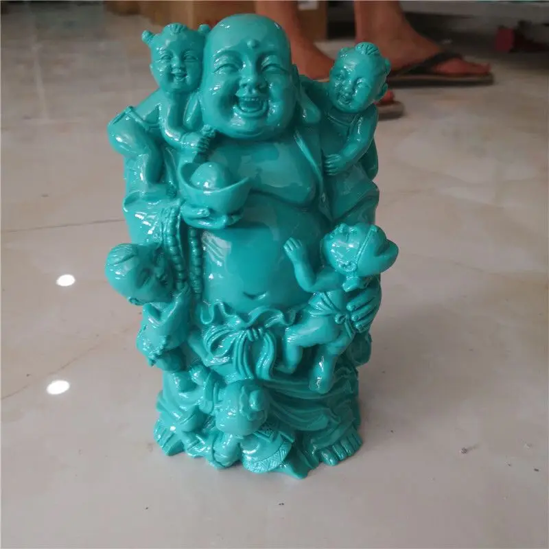 Optimize the turquoise boy worshiping Buddha at home Buddhist hall, the green pine Buddha statue of Shancai boy big-bellied Budd