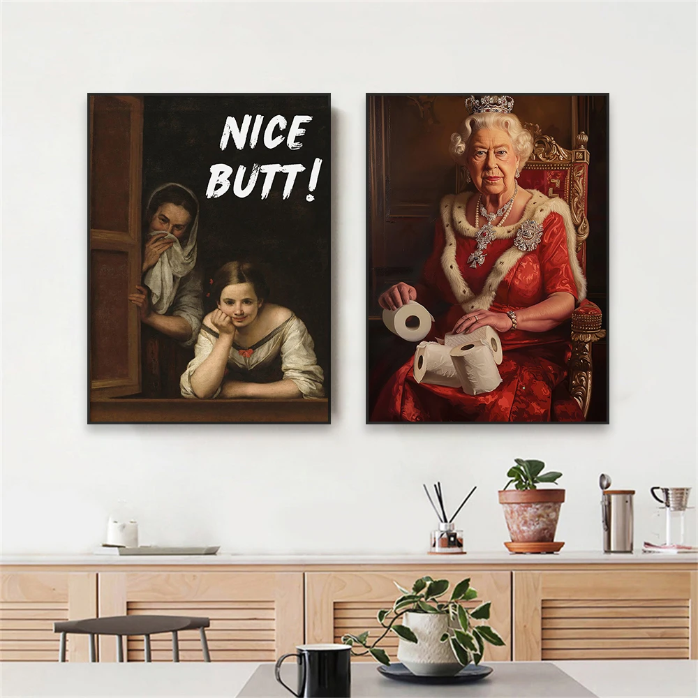 Vintage Altered Art Toilet Poster Funny Bathroom Wall Art Canvas Painting Classical Queen Elizabeth Art Home Toilet Decoration