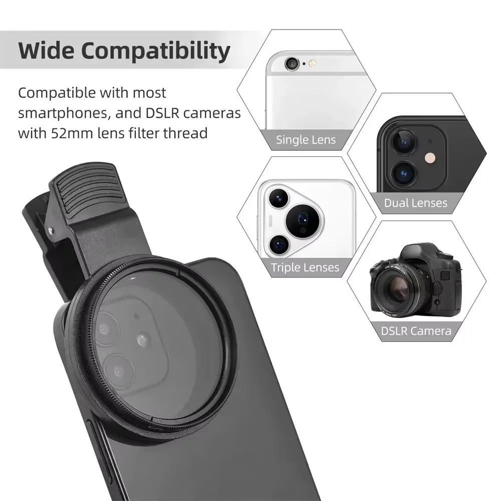 Filtro polarizzatore circolare universale CPL da 52 mm con clip per obiettivo di telefoni cellulari, per smartphone iPhone e Samsung