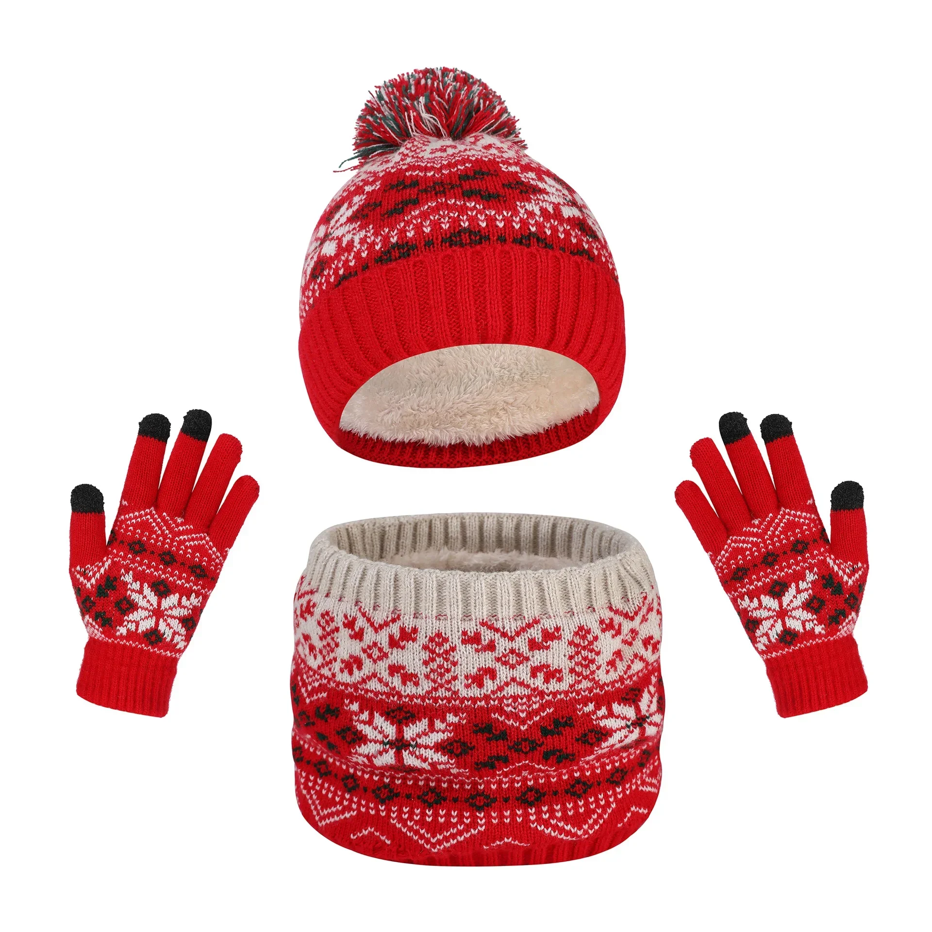 Gorro de punto cálido para niños, guantes de bufanda para niños y niñas, conjunto de tres piezas de copo de nieve para niños, conjunto de gorro con patrón de coche de dibujos animados para invierno