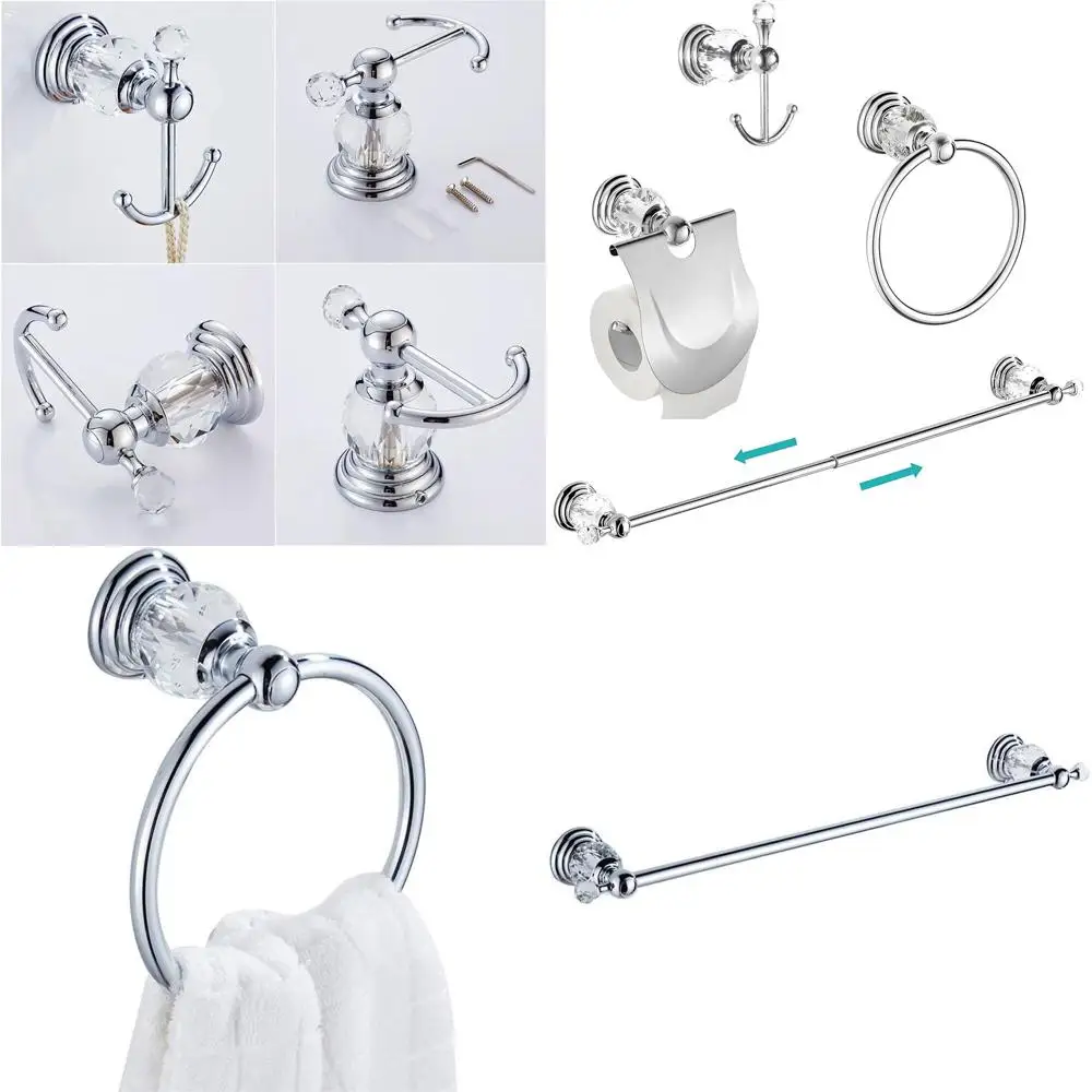 

Набор хромированной фурнитуры для ванной комнаты, 24 дюйма: 4-предметный комплект настенных аксессуаров с держателем для полотенец, крючком для одежды, кольцом для полотенец и держателем для туалетной бумаги.